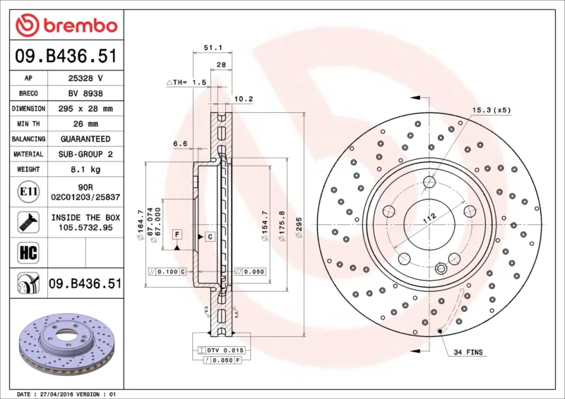 Discos de Freio Dianteiros Mercedes Brembo - 09.B436.51 - Imagem 2